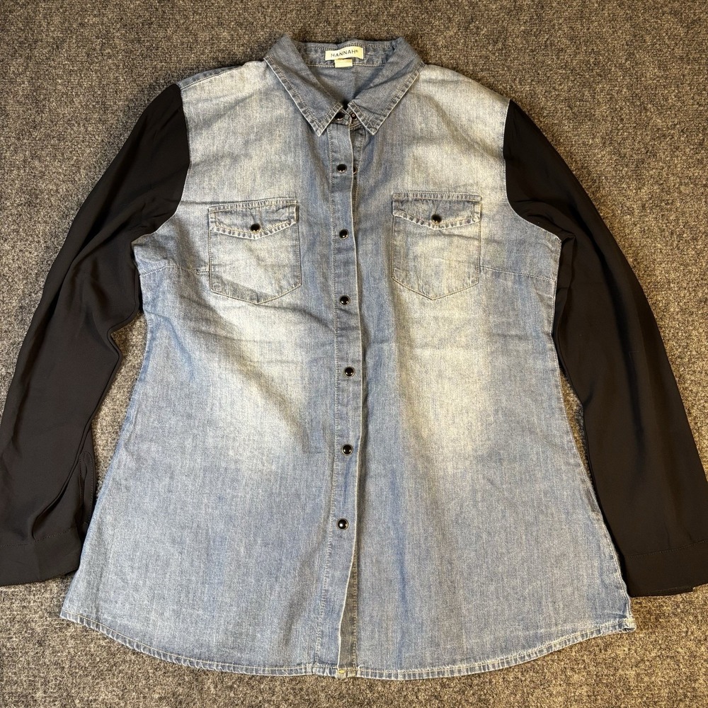 Hannah Button Down Shirt Womens Small Blue Black Denim Mixed Media Casual Blouse